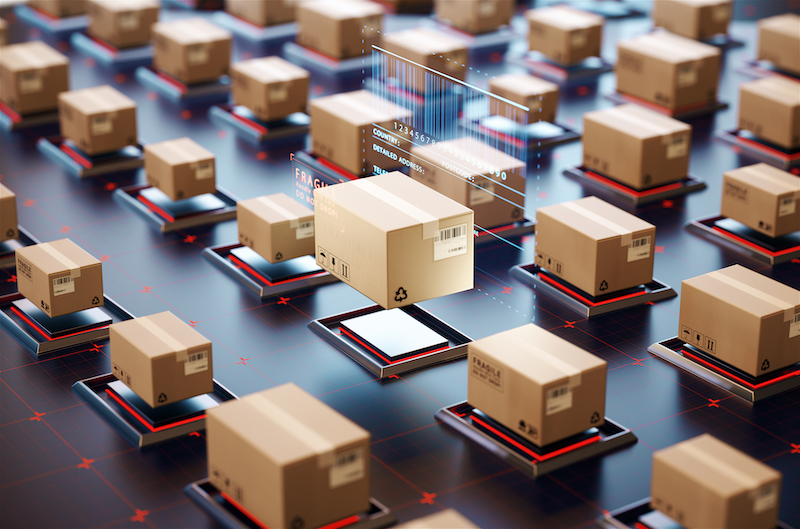 Packages organized in a logistics warehouse